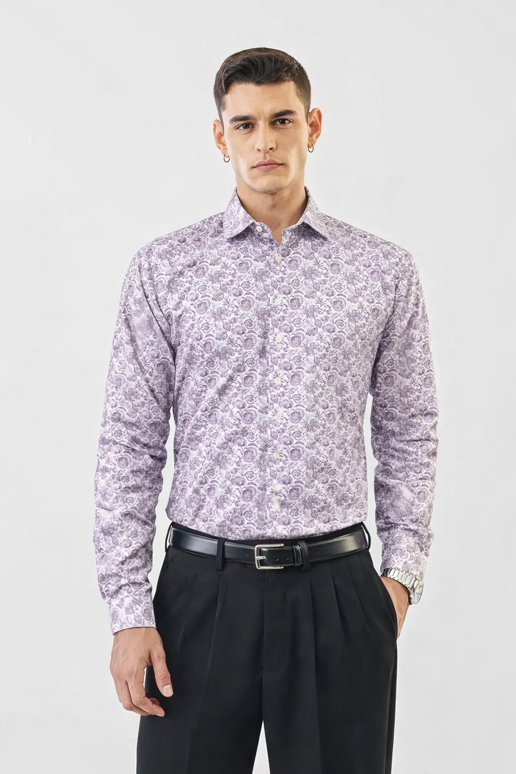 Men’s Lilac Paisley Printed Stretch Shirt – Premium Slim Fit, Full Sleeves