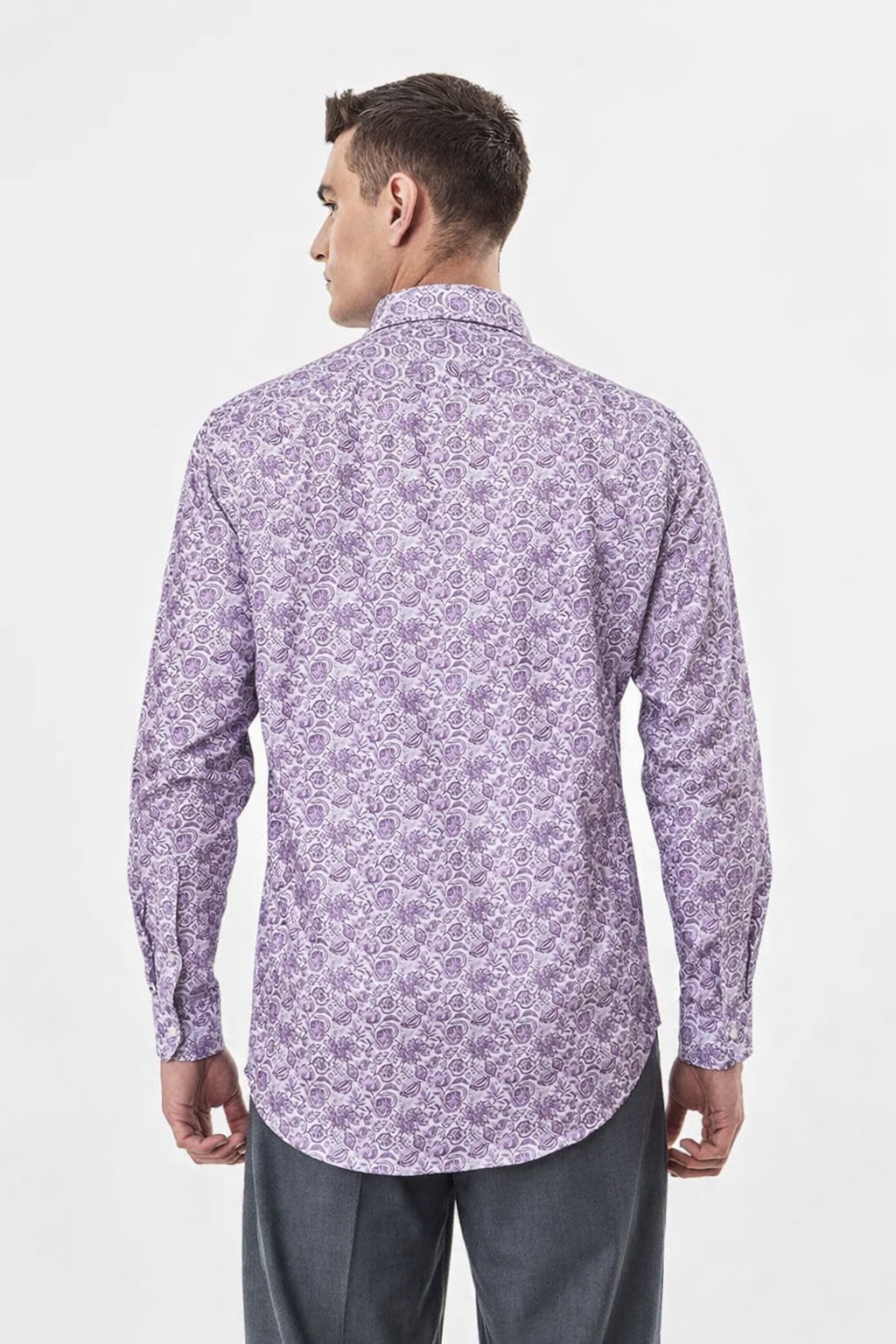 Men’s Lilac Paisley Printed Stretch Shirt – Premium Slim Fit, Full Sleeves