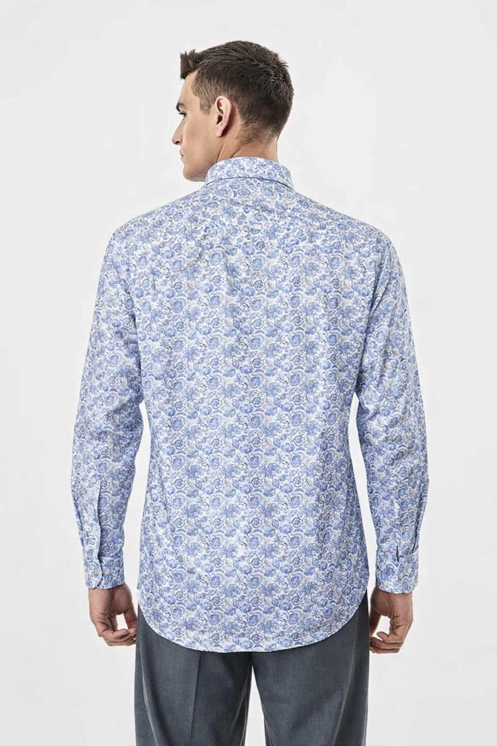 Men’s Blue & White Paisley Printed Cotton Shirt – Slim Fit, Full Sleeves