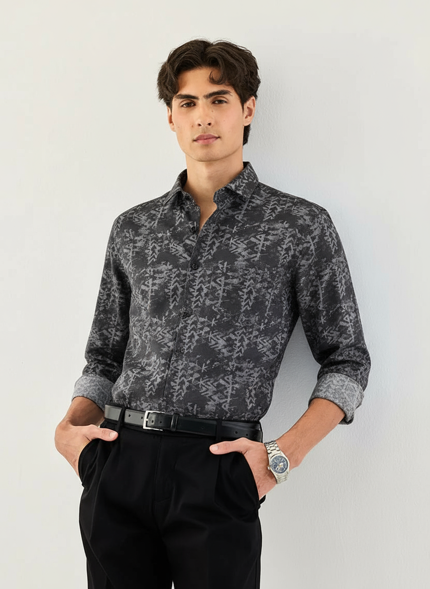 Men's Long Sleeve Dark Grey Tribal Print Casual Shirt