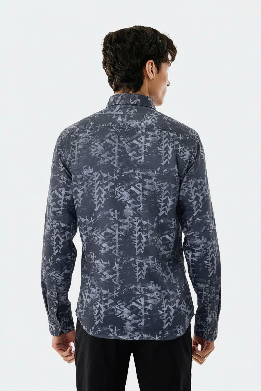 Men's Long Sleeve Dark Grey Tribal Print Casual Shirt