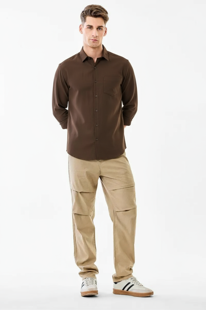 Men's Solid Brown Long Sleeve Shirt
